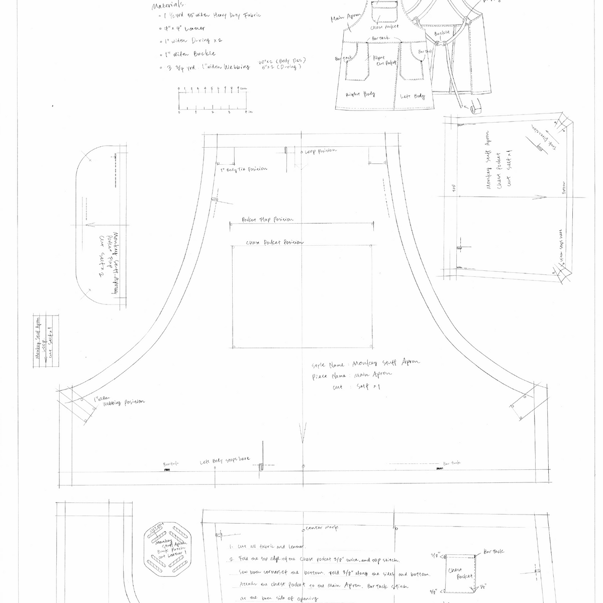 Apron sewing pattern close-up showing strap attachment points and split-front cutting guide